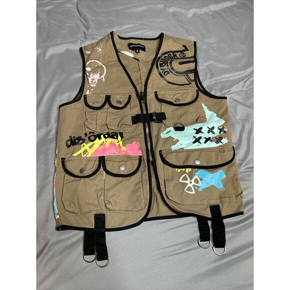 BATTLE VEST‎ & SHORTS DYSORDER PAINTED 8 POCKETS ZIP UP FRONT STRAPS BROWN! - Picture 1 of 16